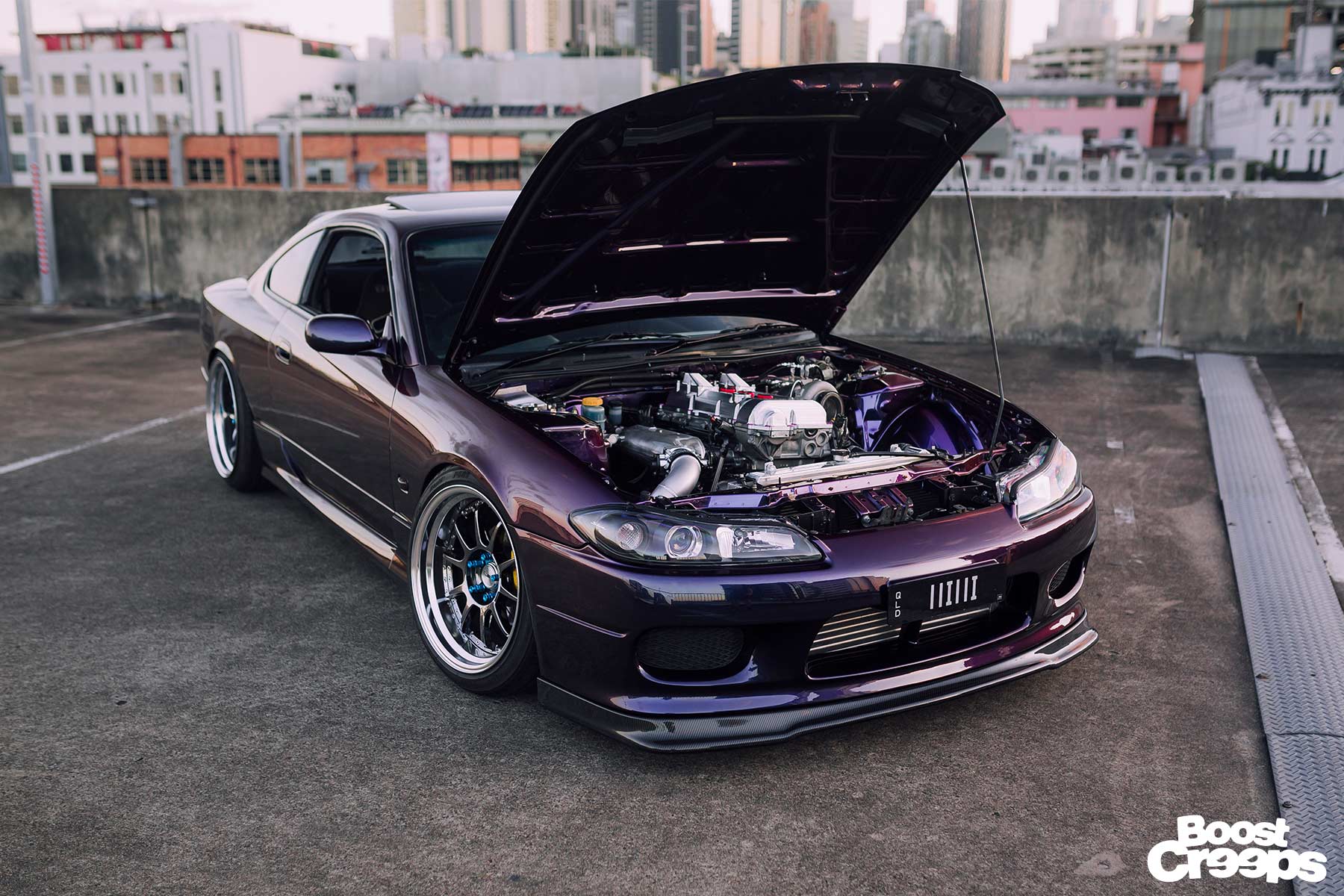 Midnight Purple 3 200SX S15 with shaved engine bay showing