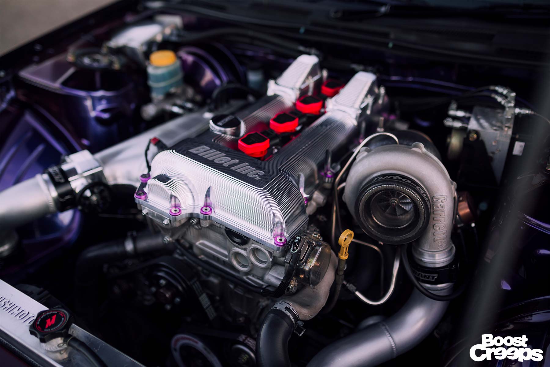 Midnight Purple 3 200SX S15 engine bay, showing billet engine cover and high mount turbo