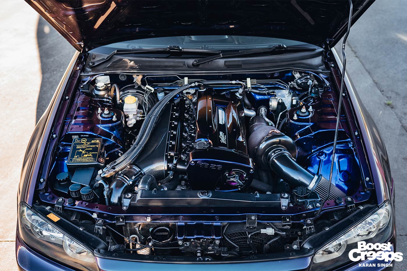 Modified R34 GTR engine bay, featuring a single turbo